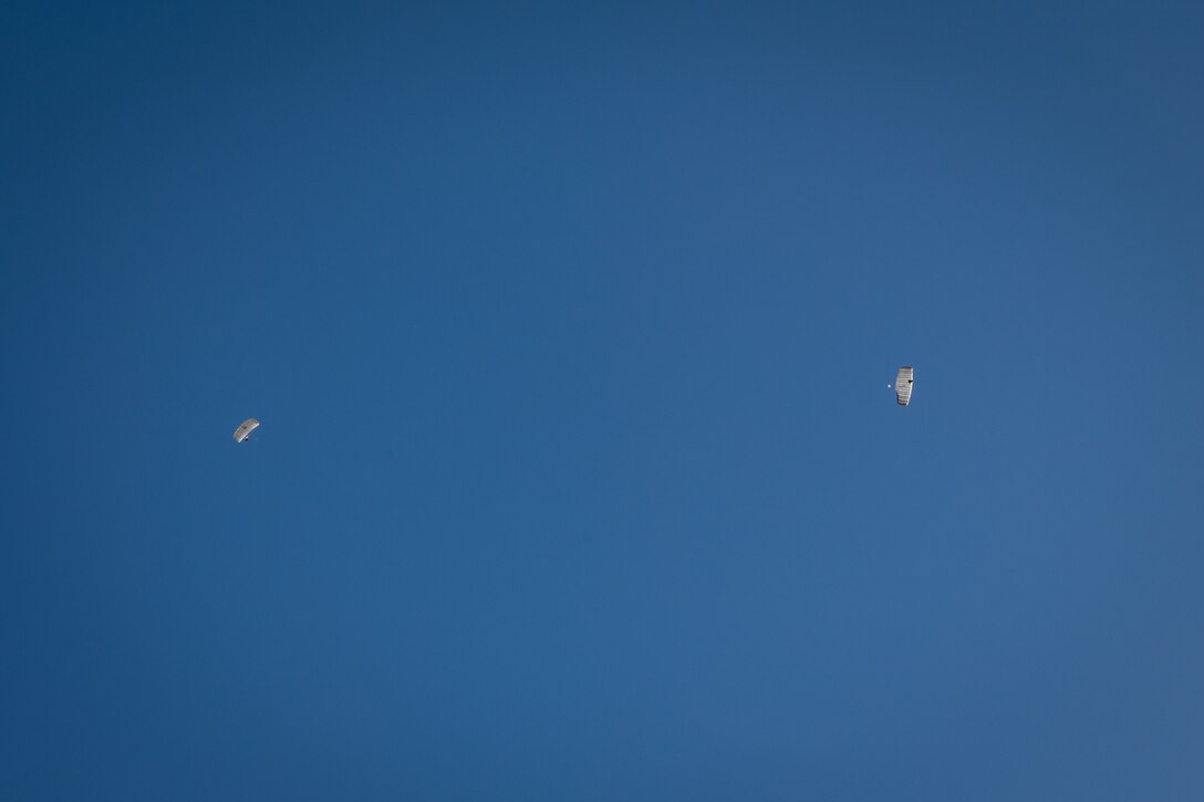 An Airman and a tandem of Airmen parachute in under two canopies as part of Exercise Desert Hammer 25-1 at Auxiliary Airfield 6 near Gila Bend, Ariz., Nov. 14, 2024. Exercise Desert Hammer 25-1 emphasizes the U.S. Air Force Reserve’s commitment to readiness by integrating Agile Combat Support and Large Force Exercise capabilities in a contested environment. (U.S. Air Force photo by Tech. Sgt. Tyler J. Bolken)