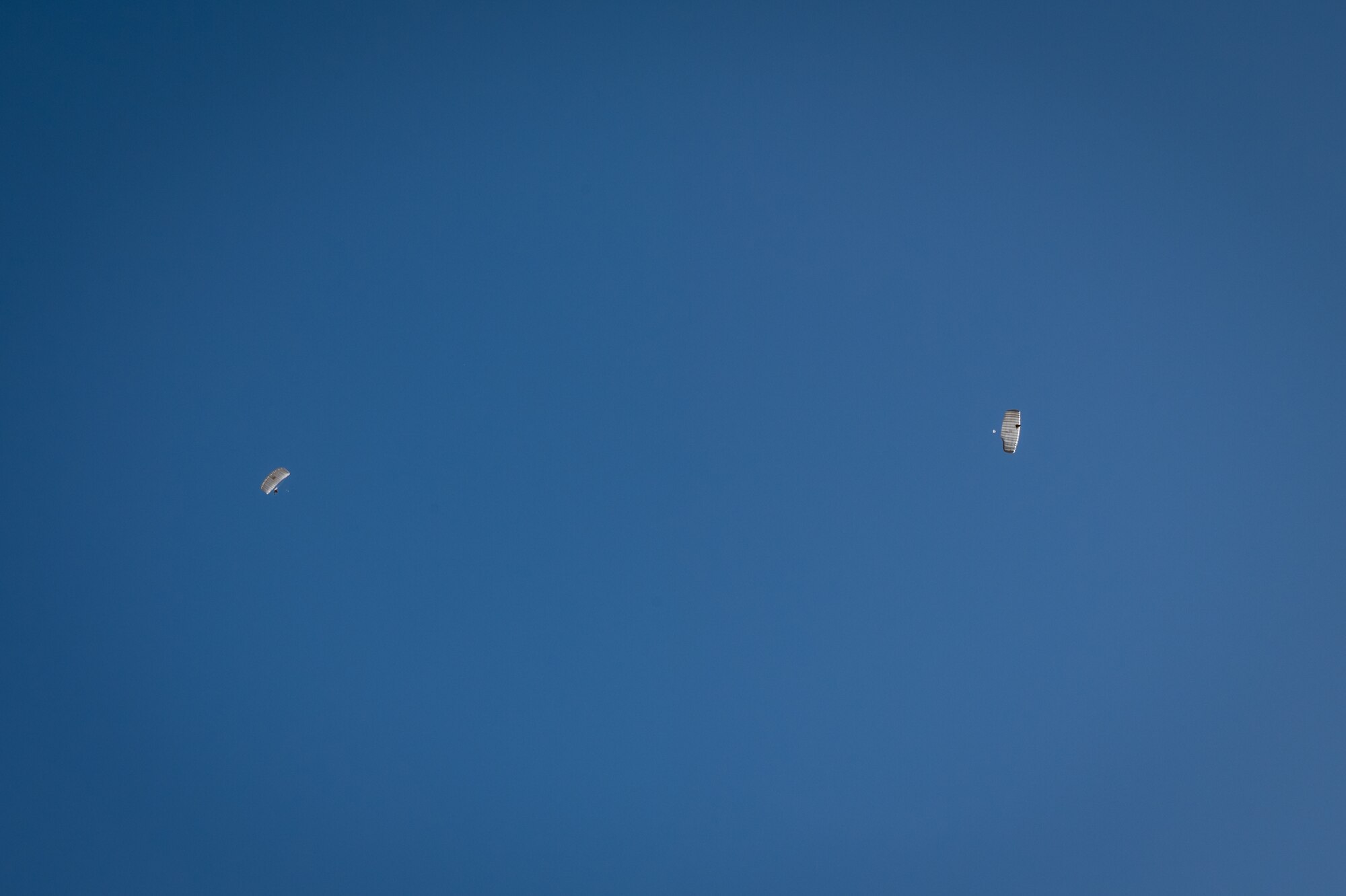 An Airman and a tandem of Airmen parachute in under two canopies as part of Exercise Desert Hammer 25-1 at Auxiliary Airfield 6 near Gila Bend, Ariz., Nov. 14, 2024. Exercise Desert Hammer 25-1 emphasizes the U.S. Air Force Reserve’s commitment to readiness by integrating Agile Combat Support and Large Force Exercise capabilities in a contested environment. (U.S. Air Force photo by Tech. Sgt. Tyler J. Bolken)