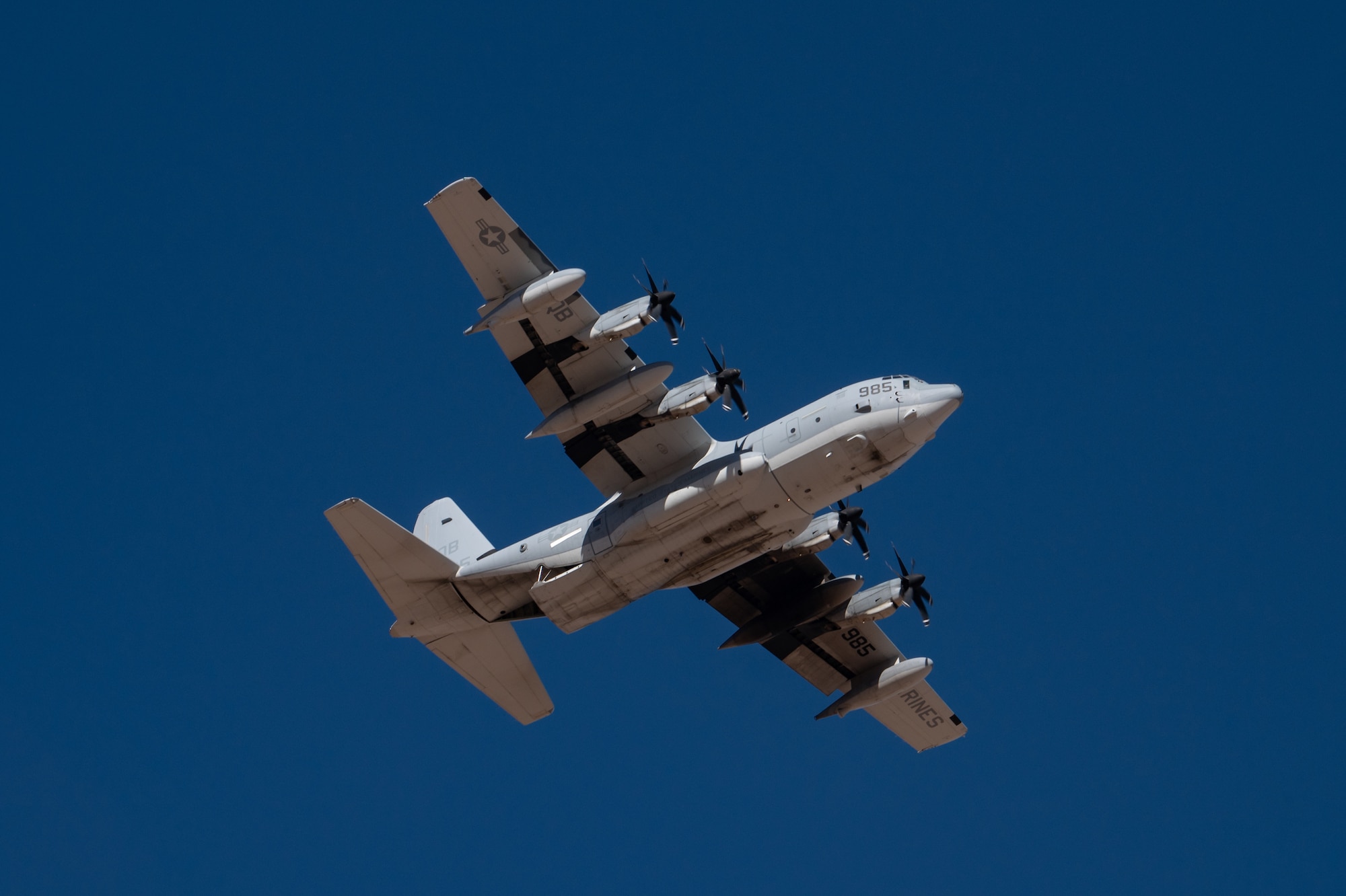 A U.S. Marine Corps KC-130J Hercules approaches a designated drop zone at Auxiliary Airfield 6 near Gila Bend, Ariz., as part of Exercise Desert Hammer 25-1, Nov. 14, 2024. Exercise Desert Hammer leverages Arizona’s strategic geography to provide realistic combat training for U.S. and allied forces. (U.S. Air Force photo by Tech. Sgt. Tyler J. Bolken)