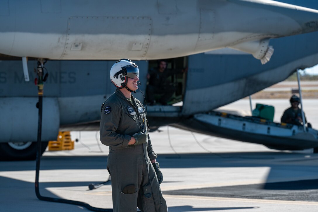 U.S. Marines refuel an F-35 Lightning II aircraft, assigned to the 56th Fighter Wing’s 62nd Fighter Squadron, on the flightline at Davis-Monthan Air Force Base, Ariz., Nov. 14, 2024. The Marines and F-35s participated in Exercise Desert Hammer 25-1, to include a forward area refueling point training. (U.S. Air Force photo by Senior Airman Devlin Bishop)