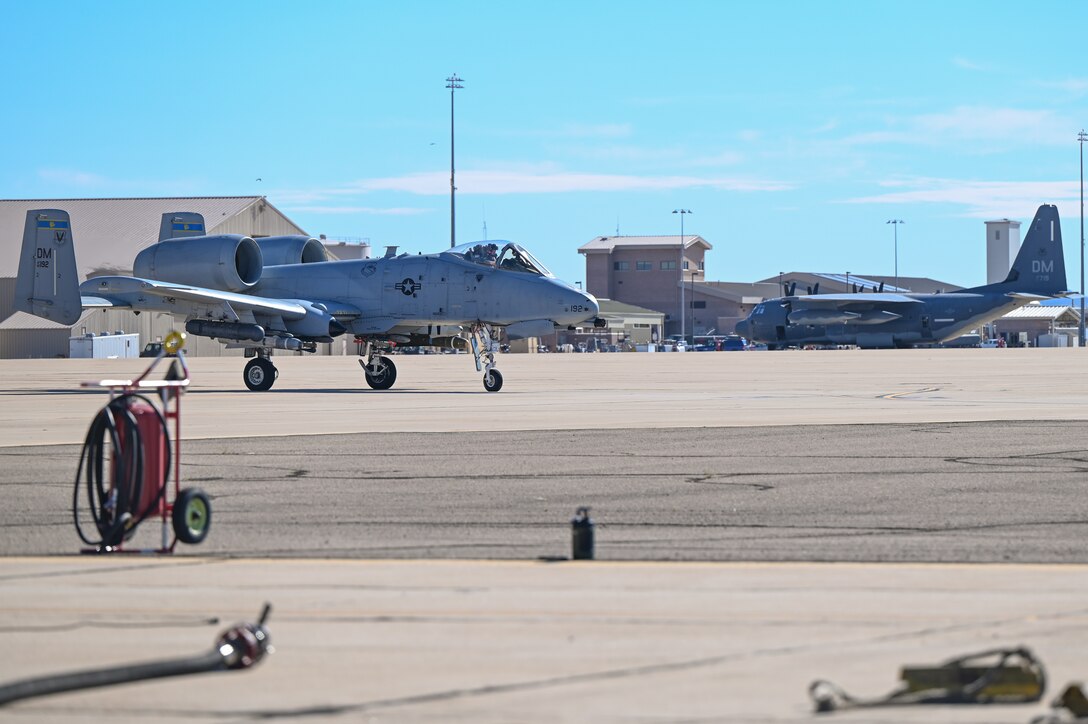 An A-10 Thunderbolt II from the 924th Fighter Group taxis on the flightline at Davis-Monthan Air Force Base, Ariz., Nov. 14, 2024, as part of Exercise Desert Hammer 25-1 hosted by the 944th Fighter Wing. Set against the unmatched backdrop of the Barry M. Goldwater Range, Desert Hammer leverages Arizona’s strategic geography to provide realistic combat training for U.S. and allied forces. (U.S. Air Force photo by Senior Airman Andrew Garavito)