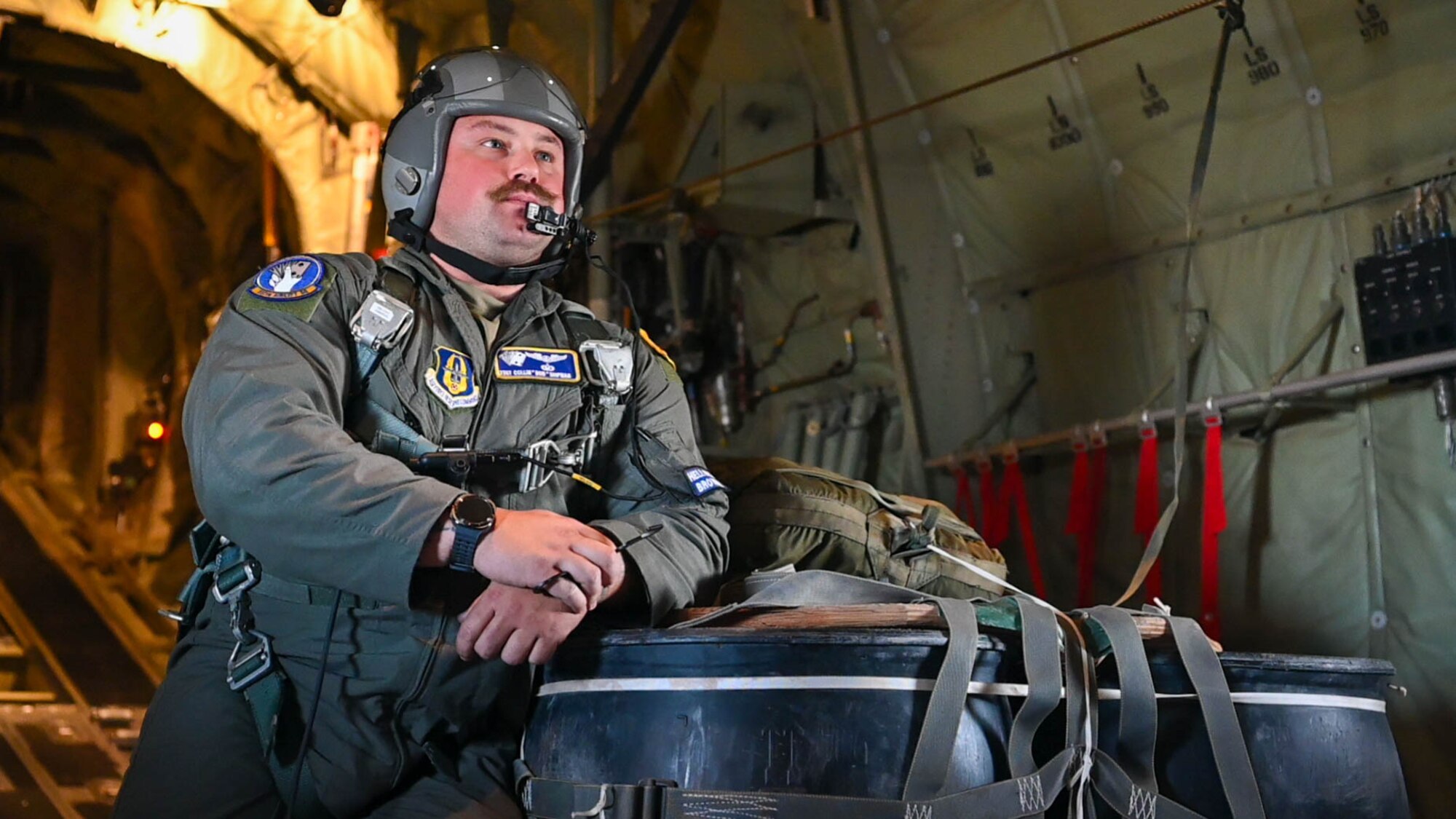 U.S. Air Force Reserve Citizen Airmen Tech. Sgt. Collin Shipman, a C-130 Loadmaster with the 327th Air Lift Squadron out of Little Rock Air Force Base, Ark., prepares for take-off for a cargo drop and onboard medical care mission as part of Exercise Desert Hammer 25-1 at Davis-Monthan Air Force Base, Ariz., Nov. 15, 2024. Through joint and multinational collaboration, the 944th Fighter Wing hosts Desert Hammer to test the ability of over 700 participants and 131 aircraft to operate, defend, and sustain airbases under austere conditions across southern Arizona. (U.S. Air Force photo by Senior Airman Alexis Orozco)