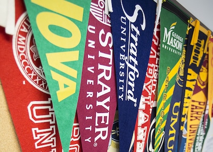 Haning pennants that show different college names.