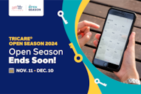 Image of person holding cellphone and looking at calendar app. Text reads "TRICARE Open Season 2024: Open Season Ends Soon! Nov. 11 - Dec. 10"