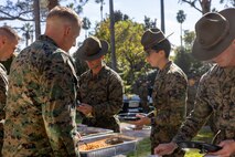 U.S. Marine Corps leaders with 3rd Recruit Training Battalion, Recruit Training Regiment, serve food to Marines at an appreciation lunch at Marine Corps Recruit Depot San Diego, California, Nov. 22, 2024.  The lunch was part of an appreciation lunch series hosted by depot leadership to recognize and thank the training battalions for their hard work. The lunch coincided with Spiritual Fitness Month, a program implemented to bring inner strength from higher purpose. MCRDSD is the first Marine Corps base to implement the Spiritual Fitness Month program. (U.S. Marine Corps photo by Cpl. Alexander O. Devereux)