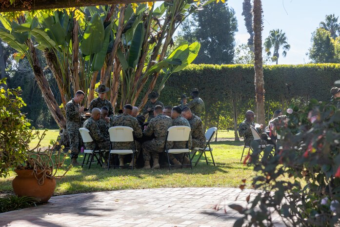 U.S. Marines with 3rd Recruit Training Battalion, Recruit Training Regiment, enjoy food at an appreciation lunch event at Marine Corps Recruit Depot San Diego, California, Nov. 22, 2024.  The lunch was part of an appreciation lunch series hosted by depot leadership to recognize and thank the training battalions for their hard work. The lunch coincided with Spiritual Fitness Month, a program implemented to bring inner strength from higher purpose. MCRDSD is the first Marine Corps base to implement the Spiritual Fitness Month program. (U.S. Marine Corps photo by Cpl. Alexander O. Devereux)
