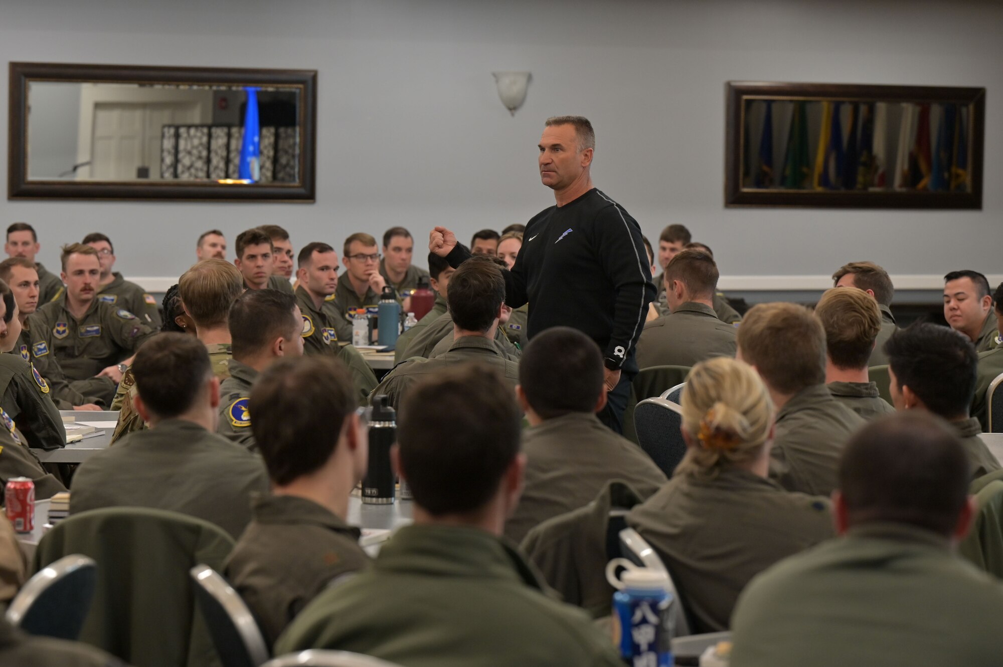 U.S. Air Force Academy baseball head coach Mike Kazlausky talks to over 350 CAFB personnel at Columbus Air Force Base, Mississippi, Dec. 3, 2024.