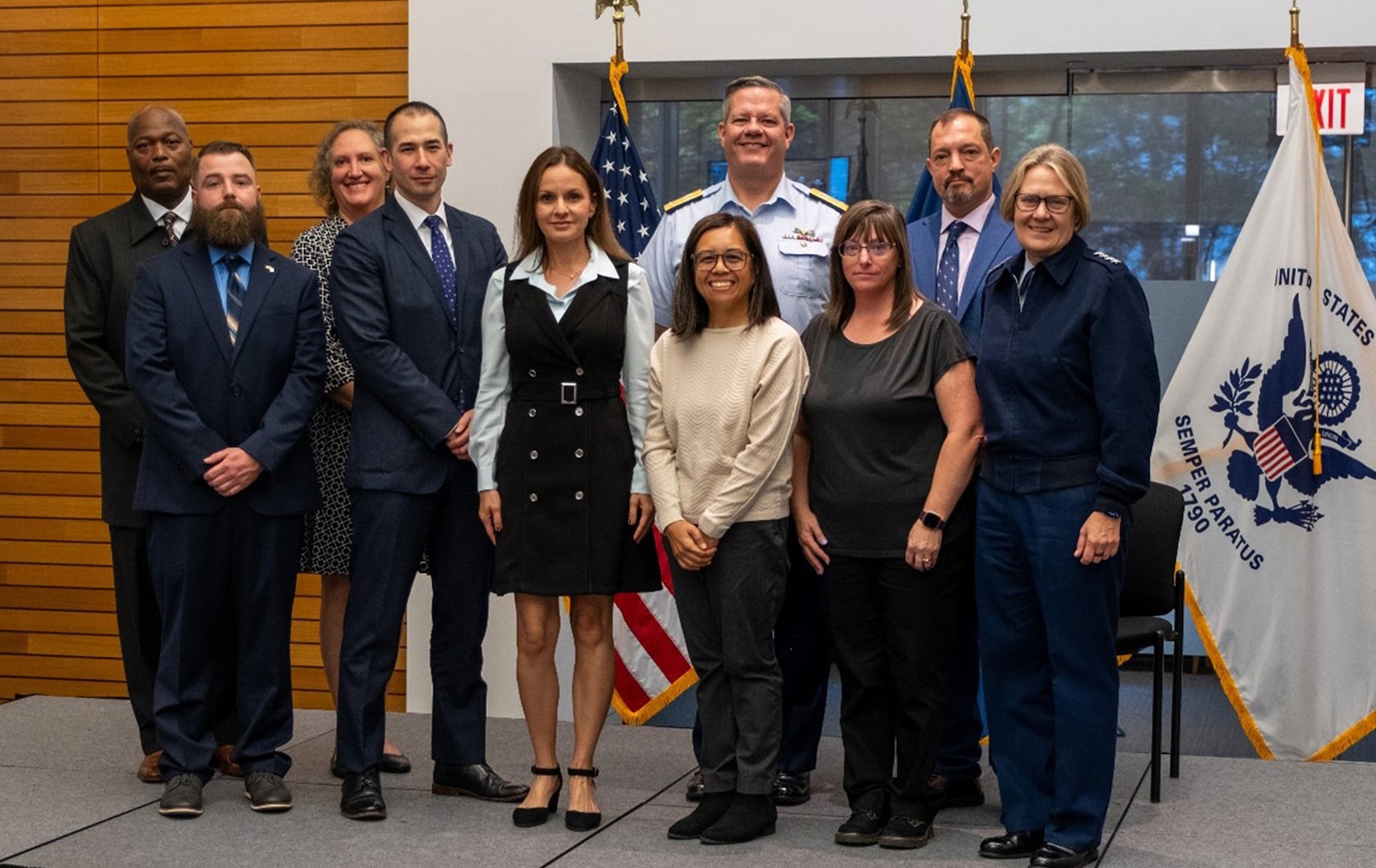 Coast Guard Commandant Adm. Linda L. Fagan and Deputy Commandant for Mission Support Vice Adm. Thomas G. Allan, Jr. recognize winners of the 2023 Civilian Employee of the Year (CEOY) and Non-Appropriated Fund Employee of the Year (NAF EOY) Awards during the Fall 2024 Senior Leaders Conference at Coast Guard Headquarters, Nov. 6, 2024 (U.S. Coast Guard photo).