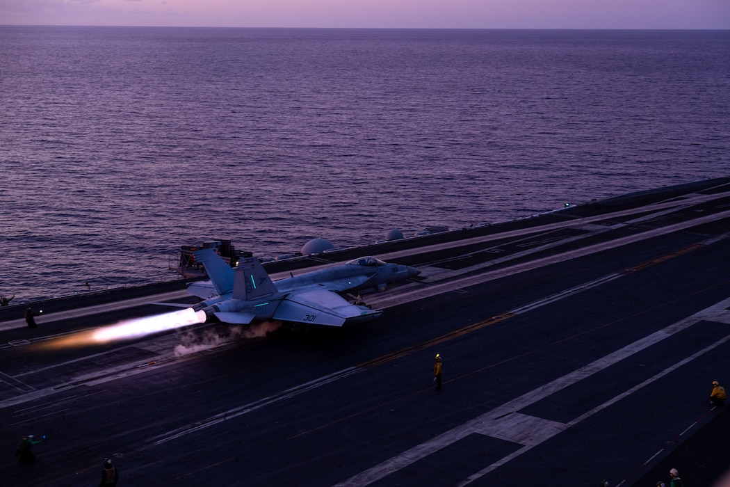 An F/A-18E Super Hornet from VFA-81 launches from USS Harry S. Truman (CVN 75) during flight operations in the Mediterranean Sea.