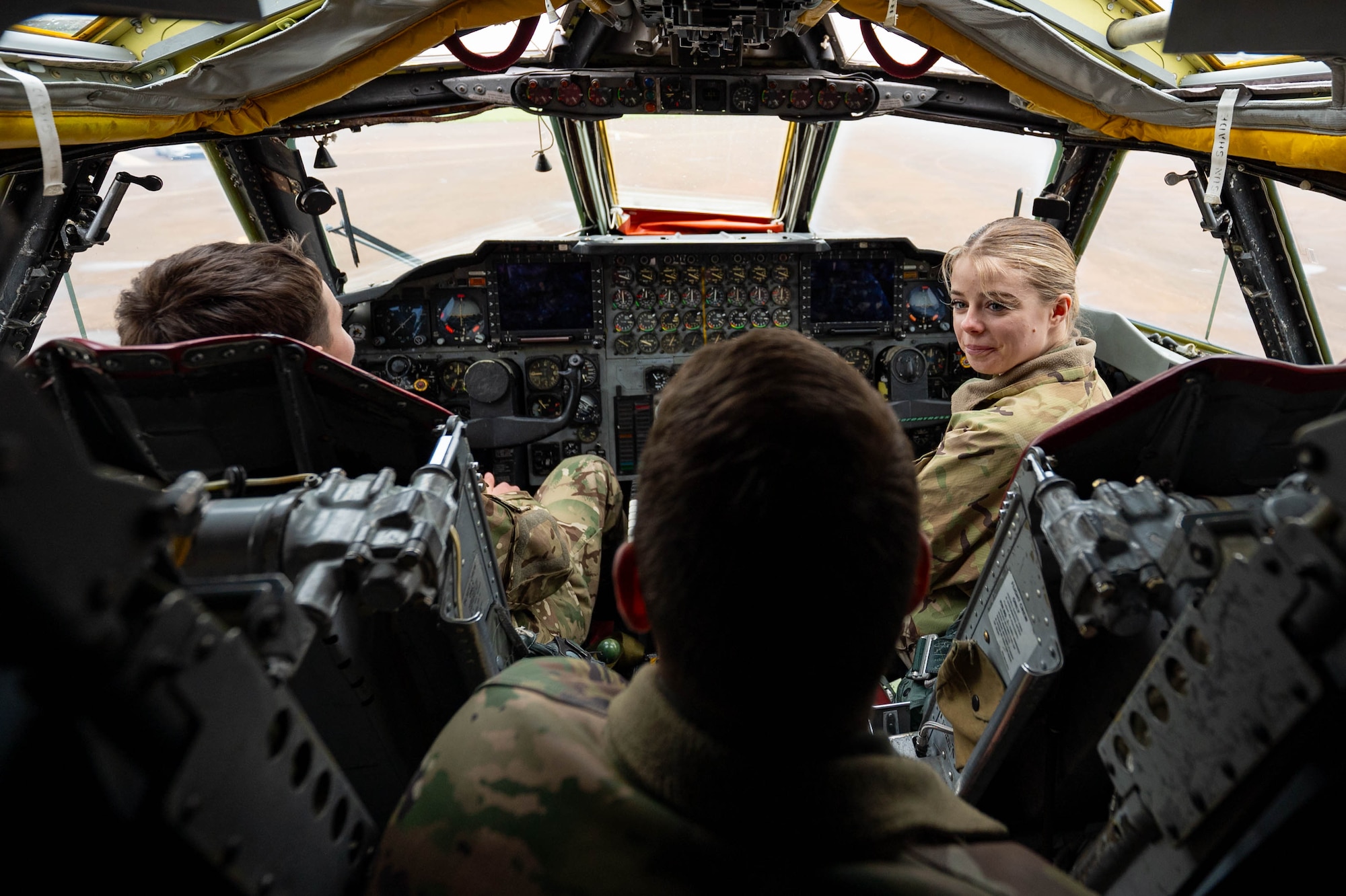 Capt. Zachary Murphy, 20th Expeditionary Bomb Squadron pilot, speaks to Royal Air Force Air Cadets during a community outreach event Dec. 4, 2024, at RAF Fairford, England. Cadets toured the B-52, learning about the operations and capabilities of the aircraft.
