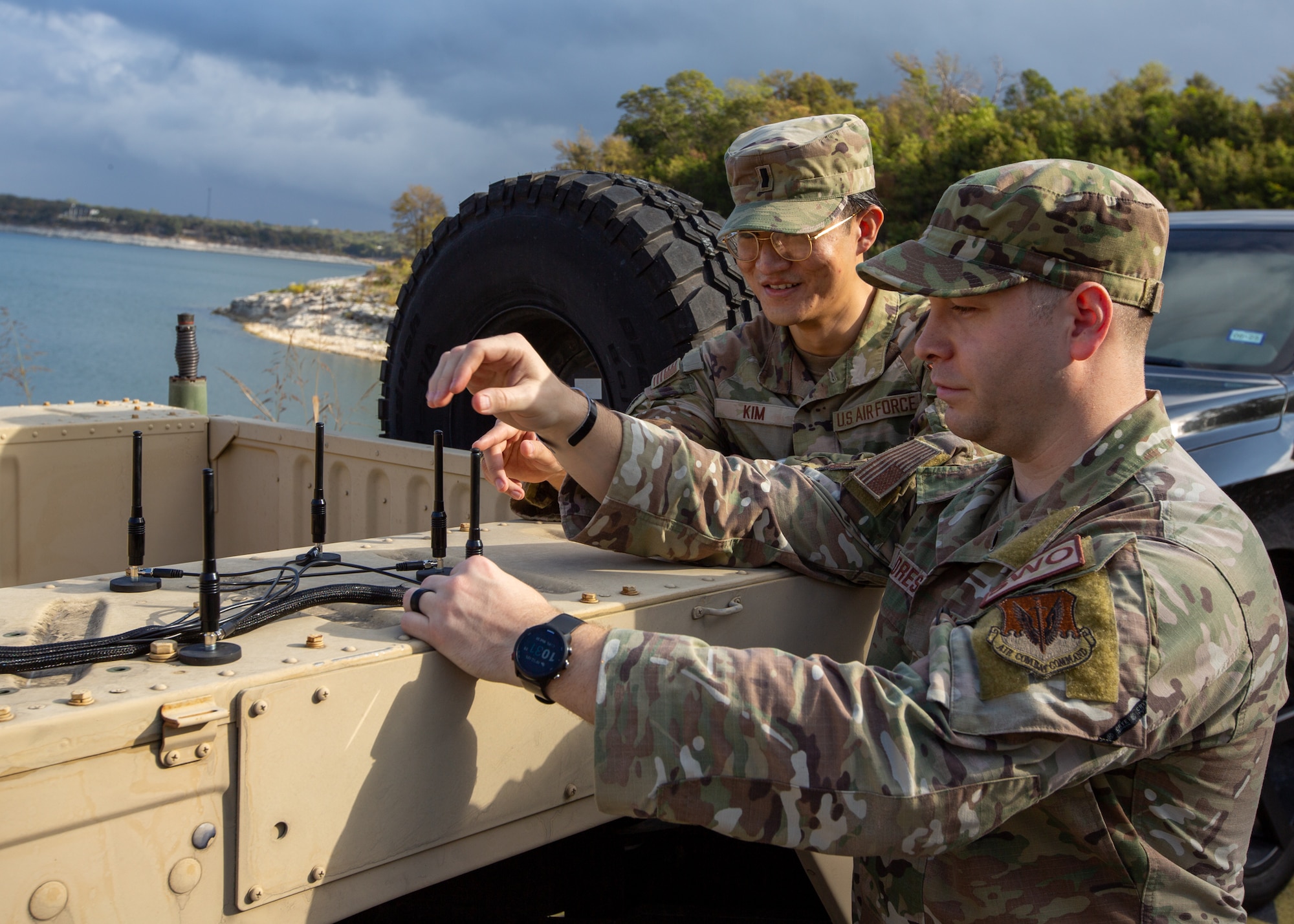 Airmen set up drone equipment