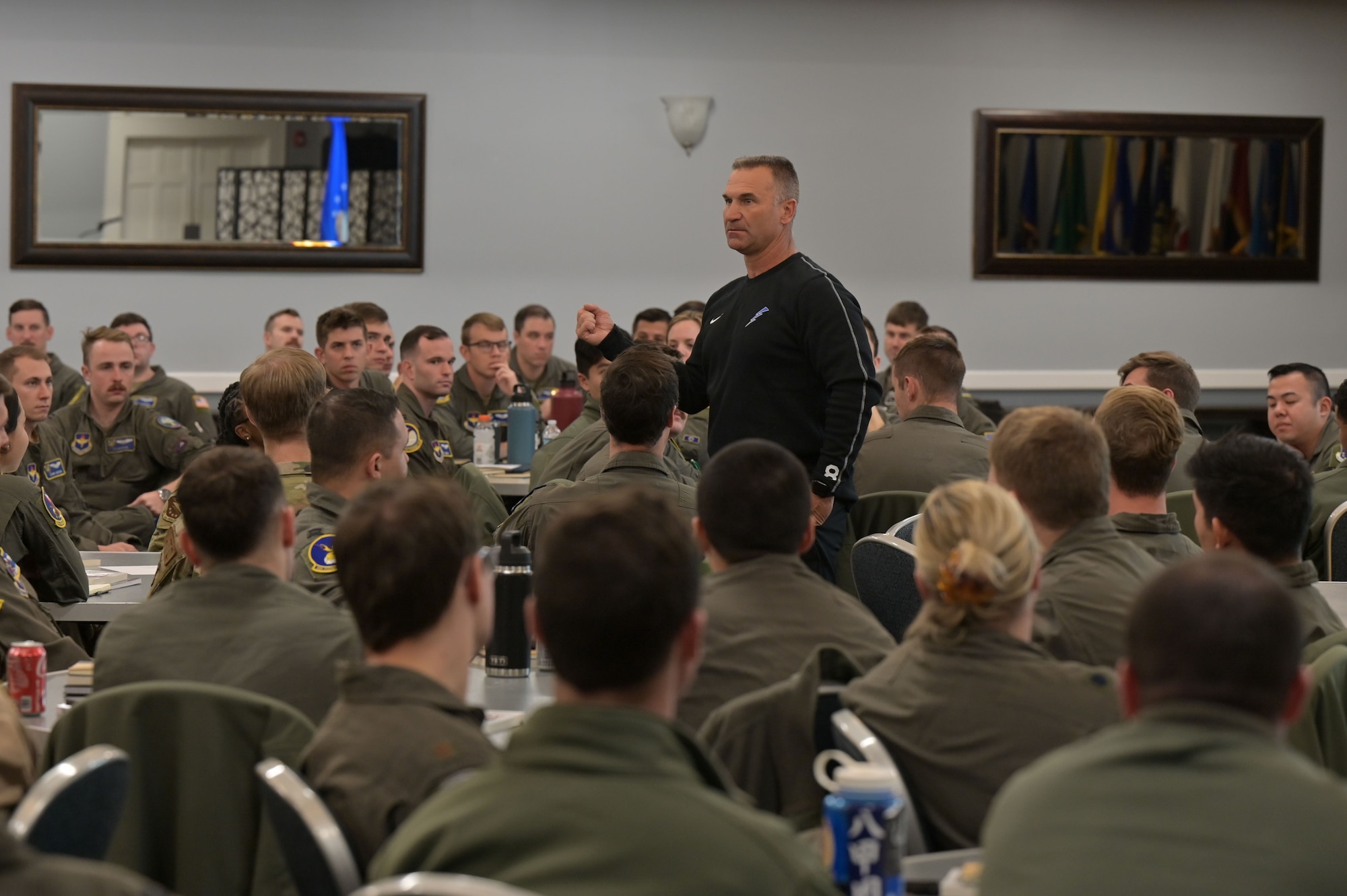 U.S. Air Force Academy baseball head coach Mike Kazlausky talks to over 350 CAFB personnel at Columbus Air Force Base, Mississippi, Dec. 3, 2024.