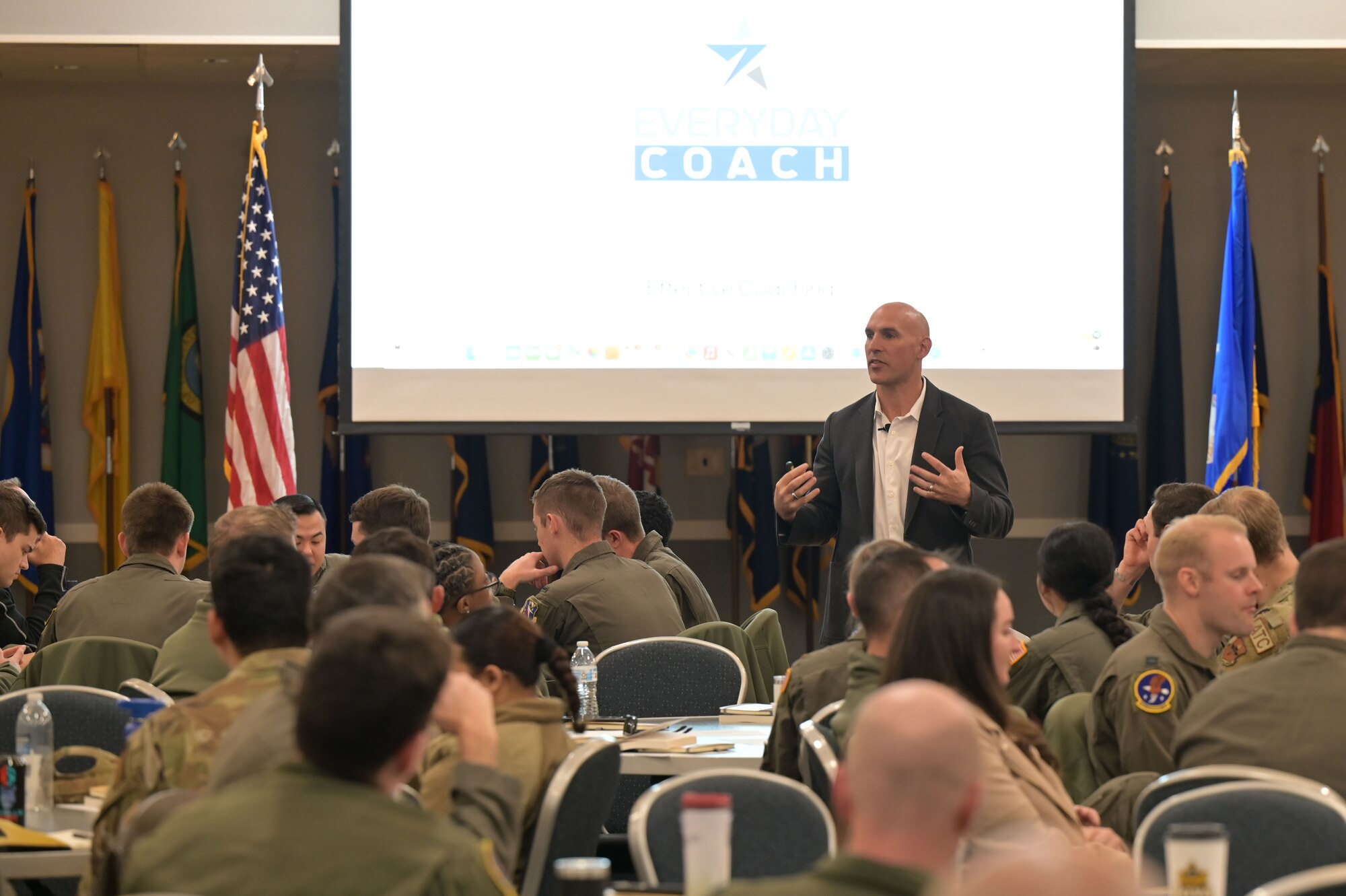 Harrison Bernstein, founder of the non-profit organization Soldiers to Sidelines, teaches a motivation and leadership workshop at Columbus Air Force Base, Mississippi, Dec. 3, 2024.
