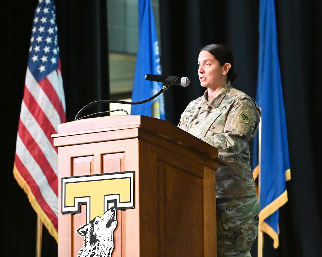 U.S. Army Lt. Col. Maria Garcia, commander of the Wisconsin Army National Guard’s 732nd Combat Sustainment Support Battalion, addresses members of the Battalion’s Headquarters and Headquarters Company Nov. 30, 2024,