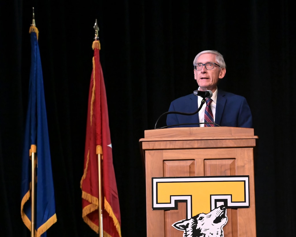 Wisconsin Governor Tony Evers addresses Soldiers assigned to the Wisconsin Army National Guard’s 732nd Combat Sustainment Support Battalion Nov. 30, 2024,