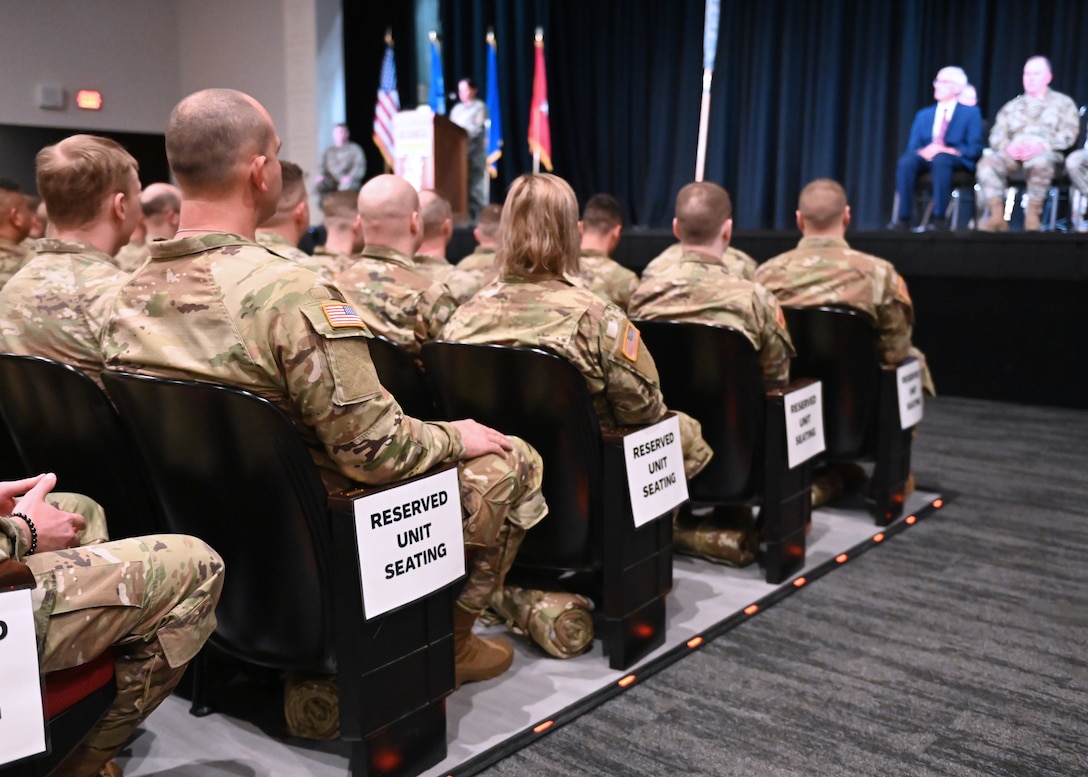 Wisconsin National Guard Soldiers with the 732nd Combat Sustainment Support Battalion’s Headquarters and Headquarters Company attend a deployment sendoff ceremony Nov. 30, 2024,