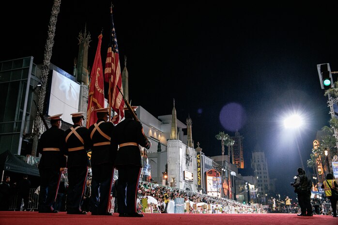 U.S. Marines with 4th Marine Division Color Guard participate in the 92nd Hollywood Parade in Hollywood, California, Dec. 1, 2024. Marines participated in the parade to improve community relations, increase morale, and demonstrate holiday spirit. (U.S. Marine Corps photo by Cpl. Sarah M. Grawcock)
