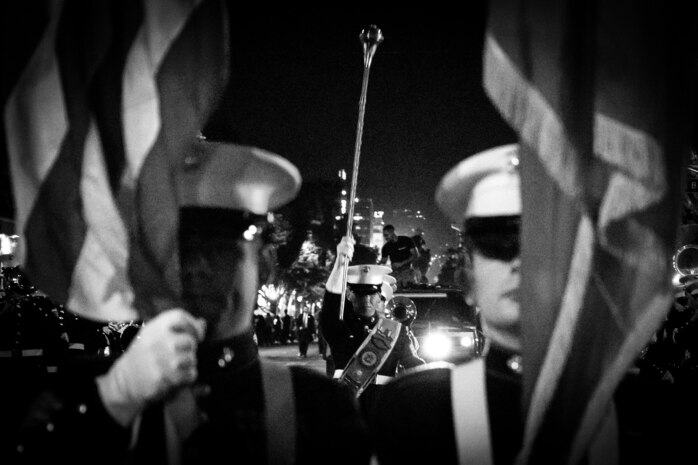 U.S. Marine Corps Drum Major Gunnery Sgt. Wesley O. Hayes, with Marine Band San Diego, Headquarters and Service Battalion, participates in the 92nd Hollywood Parade in Hollywood, California, Dec. 1, 2024. Marine Band San Diego participated in the parade to improve community relations, increase morale, and demonstrate holiday spirit. (U.S. Marine Corps photo by Cpl. Sarah M. Grawcock)