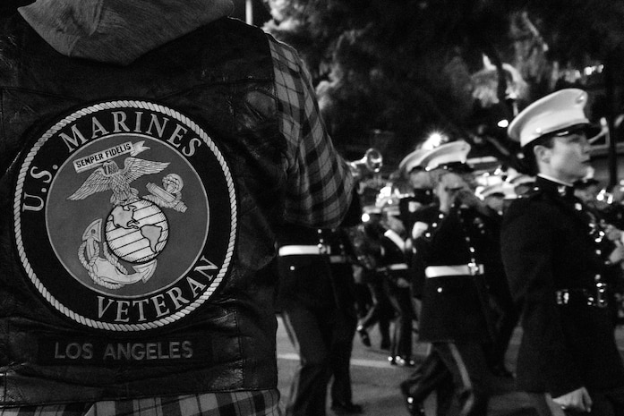 U.S. Marines assigned to Marine Band San Diego perform during the 92nd Hollywood Parade in Hollywood, California, Dec. 1, 2024. Marine Band San Diego participated in the parade to improve community relations, increase morale, and demonstrate holiday spirit. (U.S. Marine Corps photo by Cpl. Sarah M. Grawcock)
