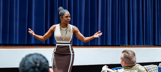  Retired U.S. Army Command Sgt. Maj. Tonya Oxendine, a Wounded Warrior Project Warriors Speak spokesperson, shared some wisdom with Guardians and Airmen at Peterson Space Force Base, Colorado, Nov. 21, 2024.