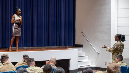  Retired U.S. Army Command Sgt. Maj. Tonya Oxendine, a Wounded Warrior Project Warriors Speak spokesperson, shared some wisdom with Guardians and Airmen at Peterson Space Force Base, Colorado, Nov. 21, 2024.