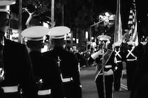 U.S. Marine Corps Drum Major Gunnery Sgt. Wesley Hayes, with Marine Band San Diego, Headquarters and Service Battalion, participates in the 92nd Hollywood Parade in Hollywood, California, Dec. 1, 2024. Marine Band San Diego participated in the parade to improve community relations, increase morale, and demonstrate holiday spirit. (U.S. Marine Corps photo by Cpl. Sarah M. Grawcock)