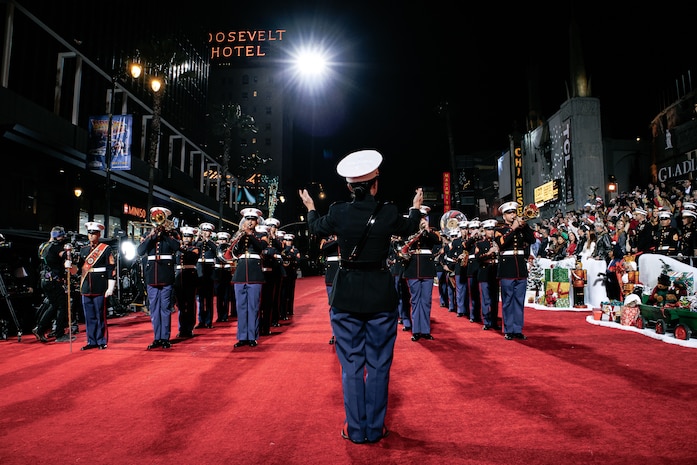 U.S. Marine Band San Diego performs for the 92nd Hollywood Parade in Hollywood, California, Dec. 1, 2024. Marine Band San Diego participated in the parade to improve community relations, increase morale, and demonstrate holiday spirit. (U.S. Marine Corps photo by Cpl. Sarah M. Grawcock)