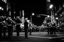 U.S. Marines with 4th Marine Division Color Guard and Marine Band San Diego participate in the 92nd Hollywood Parade in Hollywood, California, Dec. 1, 2024. Marines participated in the parade to improve community relations, increase morale, and demonstrate holiday spirit. (U.S. Marine Corps photo by Cpl. Sarah M. Grawcock)