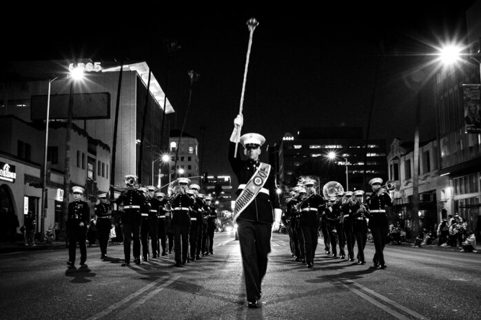 U.S. Marines assigned to Marine Band San Diego perform during the 92nd Hollywood Parade in Hollywood, California, Dec. 1, 2024. Marine Band San Diego participated in the parade to improve community relations, increase morale, and demonstrate holiday spirit. (U.S. Marine Corps photo by Cpl. Sarah M. Grawcock)
