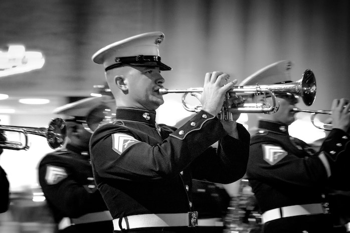 U.S. Marine Corps Cpl. Jacob Daniels trumpet player with Marine Band San Diego, Headquarters and Service Battalion, MCRD San Diego, performs during the 92nd Hollywood Parade in Hollywood, California, Dec. 1, 2024. Marine Band San Diego participated in the parade to improve community relations, increase morale, and demonstrate holiday spirit. (U.S. Marine Corps photo by Cpl. Sarah M. Grawcock)