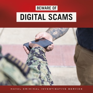 Digital Scam Awareness and Prevention ad with two men passing cell phone to one another.