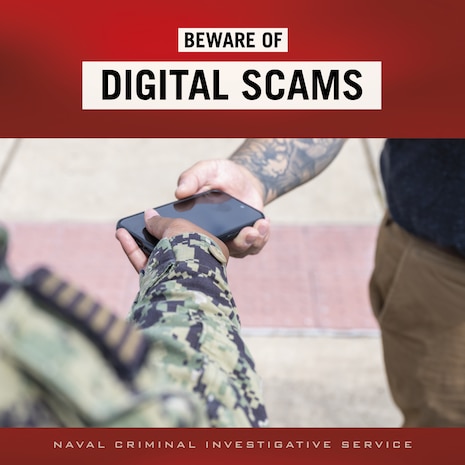Digital Scam Awareness and Prevention ad with two men passing cell phone to one another.