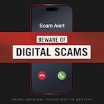 Digital Scam Awareness and Prevention ad with two men passing cell phone to one another.