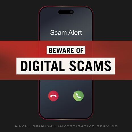 Digital Scam Awareness and Prevention ad with two men passing cell phone to one another.