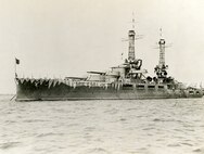 The USS Oklahoma photographed at sea, date unknown, during World War I. The ship has been painted with camouflage to protect it from submarines. The Oklahoma was involved in the Dec. 7 attack on Pearl Harbor in which it was sunk by enemy aircraft.