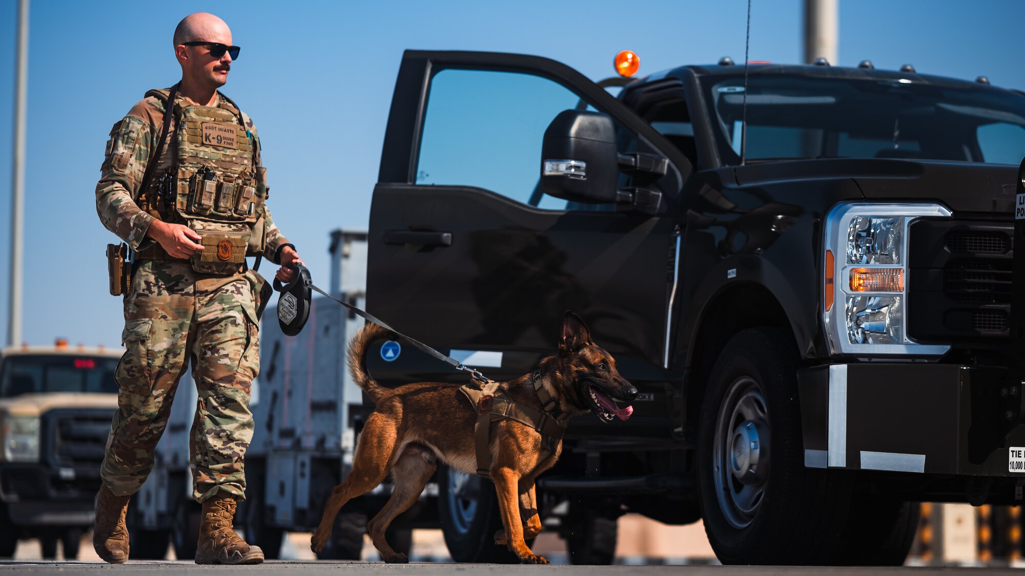 Military working dog handler conducts inspections