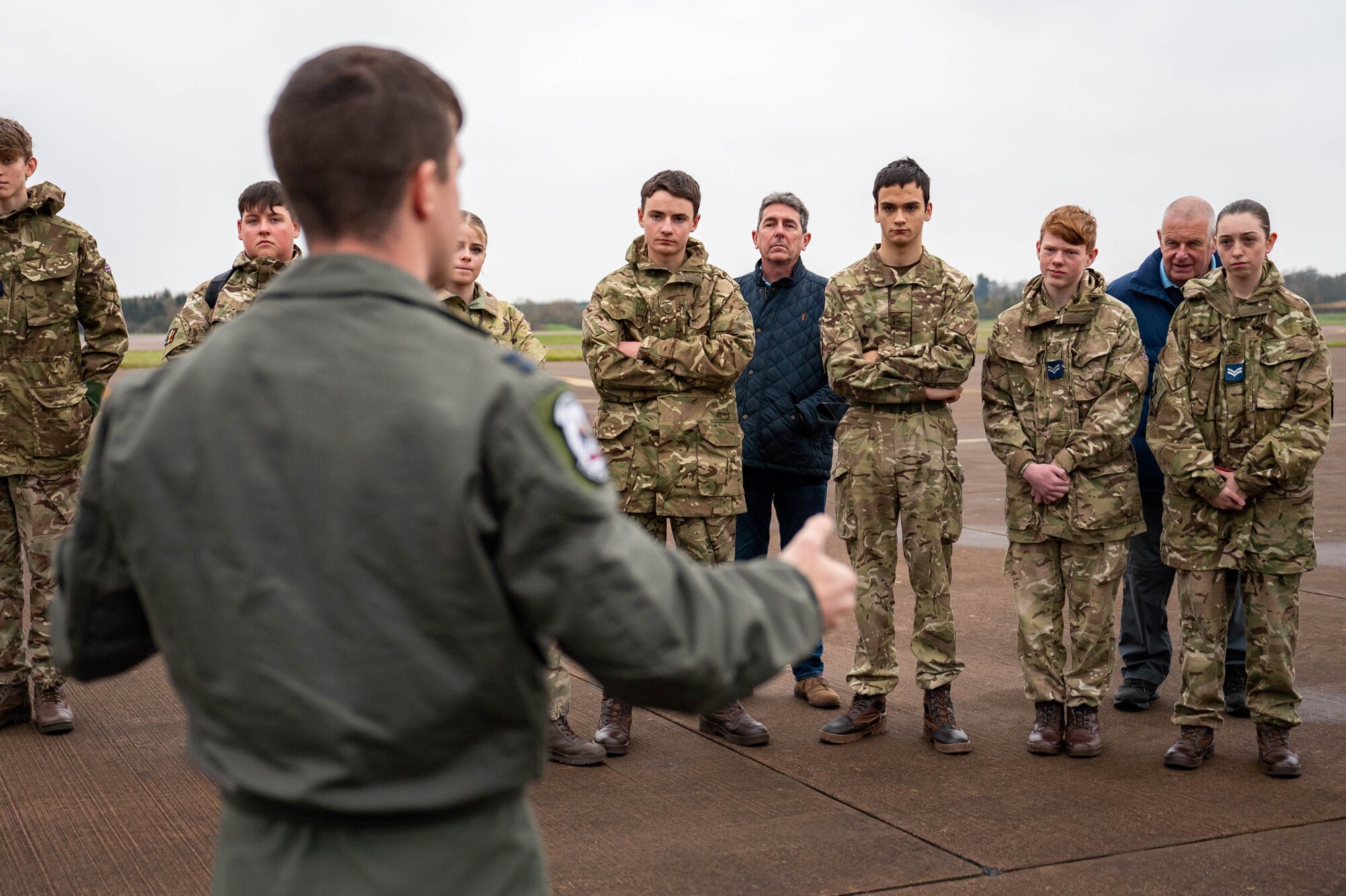 Capt. Lucas Johnson, 20th Expeditionary Bomb Squadron combat systems officer, speaks to Royal Air Force Air Cadets during a community outreach event Dec. 4, 2024, at RAF Fairford, England. The U.S. and U.K. have a long-standing defense partnership.