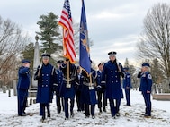 New York Air National Guard color guard from the 109th Airlift Wing  parades the colors at the gravesite before the placing of the wreath from the White House during the annual wreath laying ceremony marking the birthday of President Martin Van Buren in Kinderhook, New York, on Dec. 5, 2024.