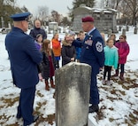 New York Air National Guard Brigadier General Gary Charlton and Command Chief Master Sergeant Michael Hewson talk to students from Ichabod Crane School District after the placing a wreath from the White House during the annual wreath laying ceremony marking the birthday of President Martin Van Buren in Kinderhook, New York, on Dec. 5, 2024.