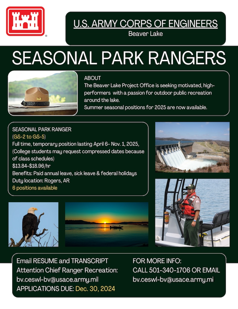 The Beaver Lake Project Office is seeking motivated, high performers with a passion for outdoor public recreation around the lake. Summer seasonal positions for 2025 are now available.