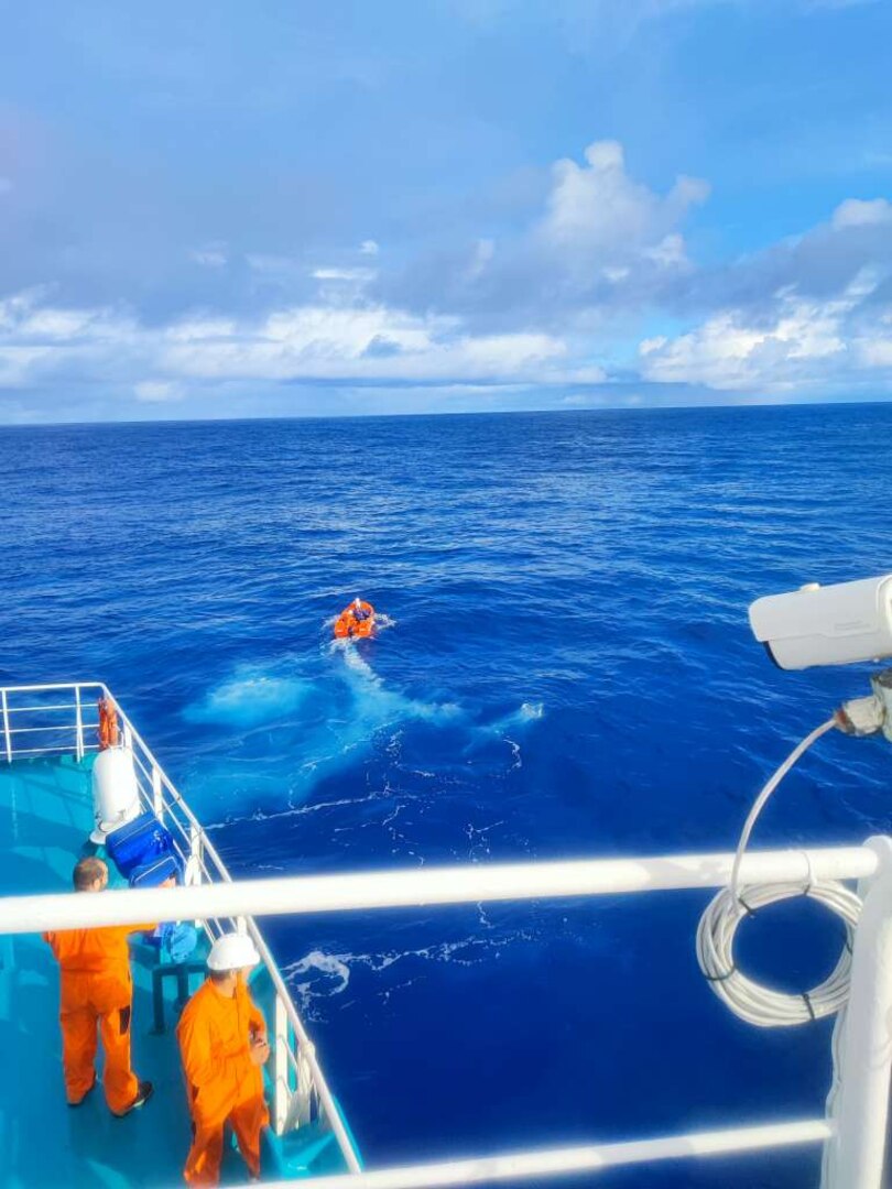 Coast Guard watchstanders and the crew of the tanker ship Orange Ocean coordinated the rescue of a sole boater in the Atlantic Ocean, approximately 410 miles north of Puerto Rico, Dec. 6, 2024. Rescued is Kirill Vladimirovich Mikhaylov, 53, resident of St. Kitts and Nevis, who reportedly came in distress aboard the sailing vessel Poesterd while transiting from Bermuda to the Eastern Caribbean Island of St. Maarten. (Courtesy photos tank ship Orange Ocean)