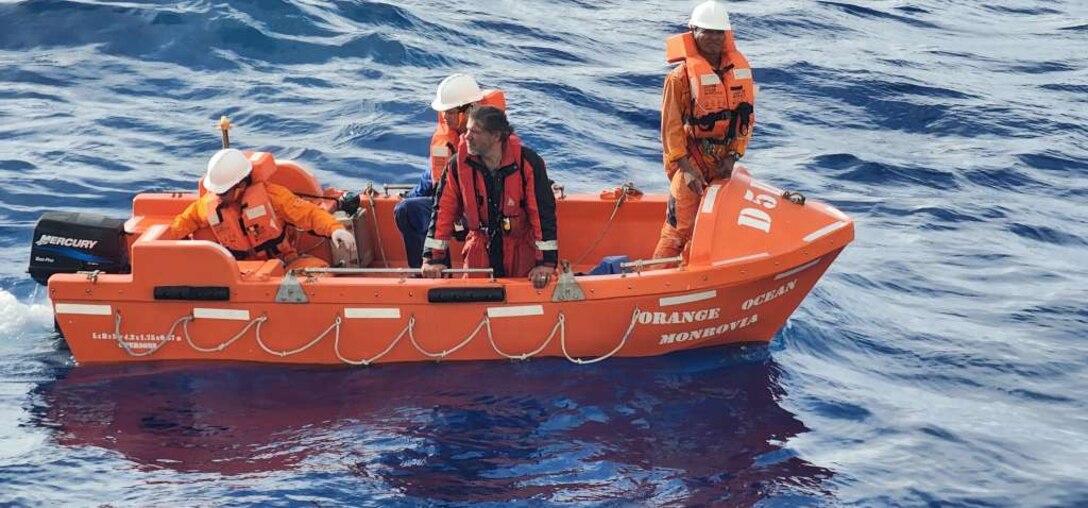 Coast Guard watchstanders and the crew of the tanker ship Orange Ocean coordinated the rescue of a sole boater in the Atlantic Ocean, approximately 410 miles north of Puerto Rico, Dec. 6, 2024. Rescued is Kirill Vladimirovich Mikhaylov, 53, resident of St. Kitts and Nevis, who reportedly came in distress aboard the sailing vessel Poesterd while transiting from Bermuda to the Eastern Caribbean Island of St. Maarten. (Courtesy photos tank ship Orange Ocean)