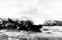 The Army’s Wheeler Air Field in ruins after the Pearl Harbor Day attacks on Hawaii on Dec. 7, 1941 by the Japanese. Schofield Barracks is in the background.