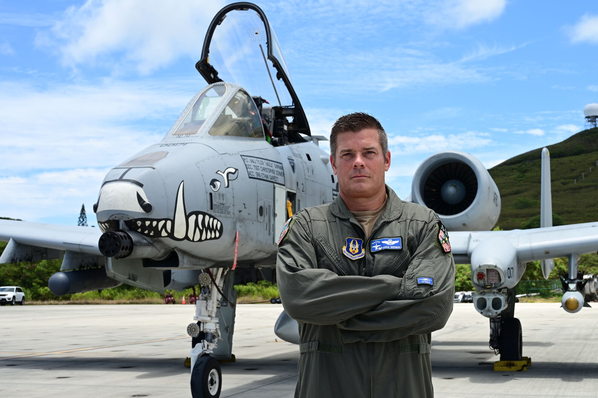 Col Aaron Weedman, 924th Fighter Group commander, poses for a photo in front of a A-10 Thunderbolt II, “Warthog” during the unit’s participation in Rim of the Pacific (RIMPAC) 2024 in Hawaii, July 31, 2024. For Weedman, RIMPAC 2024 wasn’t just about the exercise this trip brought the squadron’s legacy full circle, creating a meaningful bridge between past and present. Despite the bittersweet nature of the unit’s upcoming deactivation, he found great value in celebrating its storied history and ensuring that its legacy is carried forward into the future. (U.S. Air Force Photo by MSgt Courtney Richardson)