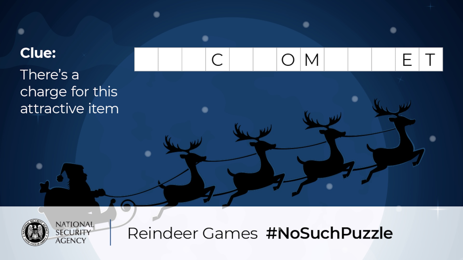 No Such Puzzle: Reindeer Games Puzzle One Graphic
Clue: There's a charge for this attractive item	- - - C - - O M - - - E T