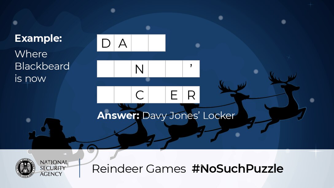 No Such Puzzle: Reindeer Games Example Graphic
Where Blackbeard is now	D A - -	- - N - - '	- - C - E R
Answer: Davy Jones' Locker