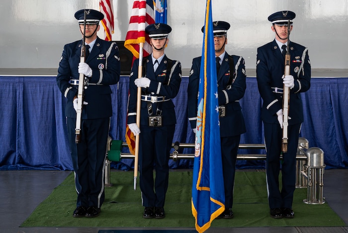 Maxwel-Gunter Air Force Base Honor Guard members present colors during an honor guard graduation at Maxwell Air Force Base, Ala, Oct. 21, 2024.