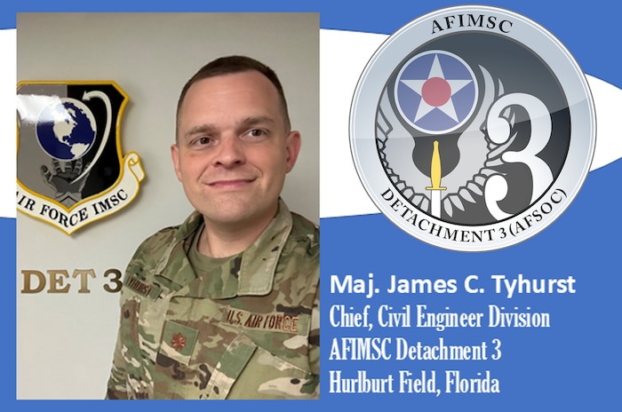 AFIMSC Mission Monday graphic with AFIMSC Detachment three symbol with official photo of Maj. James Tyhurst.