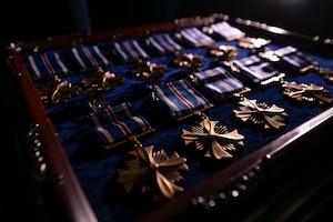 Eleven Distinguished Flying Cross medals lay on a table before a ceremony on McGhee Tyson Air National Guard Base, Knoxville, Tennessee, December 7,2024.