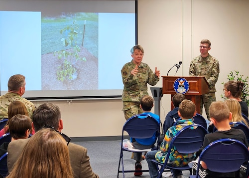 U.S. Air Force Brig. Gen. Linell A. Letendre, Dean of the Faculty at the U.S. Air Force Academy, speaks with fifth-grade students from Pikes Peak School of Expeditionary Learning during a plaque unveiling ceremony for the Academy's first Artemis Moon Tree in Colorado Springs, Colorado, Nov. 16, 2024.